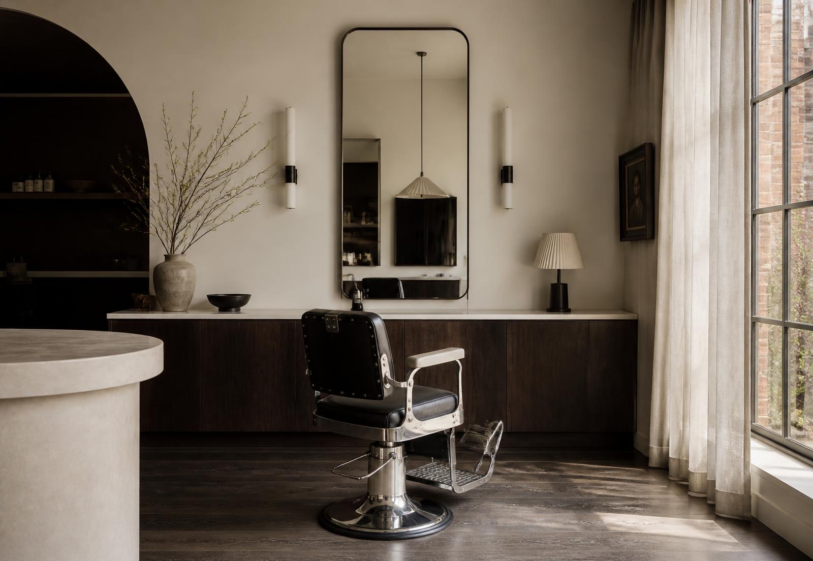 L'atelier HAIR'itage : pierre claire, bois teinté, lumière rasante